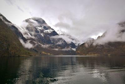 Scenic view of lake and mountains against sky
