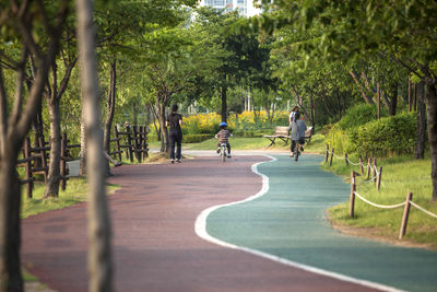 Rear view of people at sangdong lake park