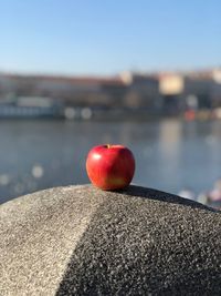 Close-up of red apple on rock against sky