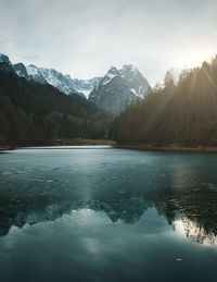 Scenic view of lake and snowcapped mountains against sky