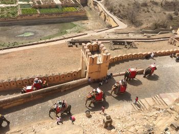 High angle view of people in town square