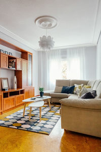 Interior of a living room decorated with corner sofa