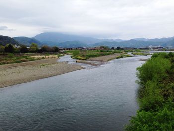 Scenic view of river against cloudy sky