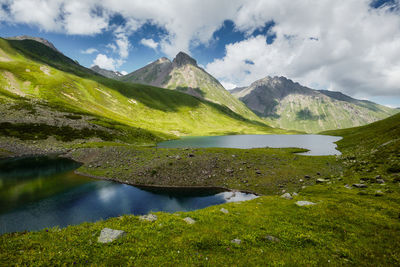 Scenic view of lake and mountains against sky