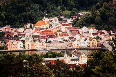 High angle view of buildings in town