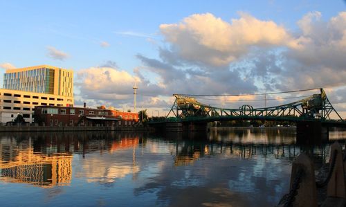 Bridge over river against sky during sunset