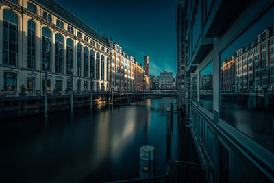 Bridge over river in city at night