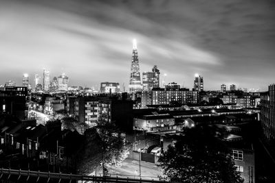 View of city lit up at night