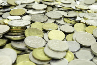 Close-up of coins on white background