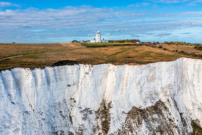 Aerial view of the white cliffs of dover. close up view of the cliffs from the sea side.