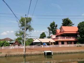 Houses by building against sky