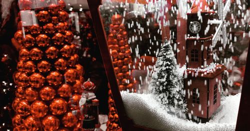 Close-up of christmas decorations at market stall