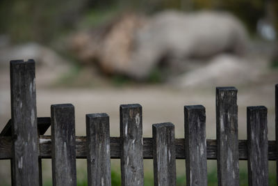 Close-up of wooden fence on field