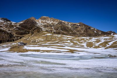 Scenic view of snowcapped mountains against clear blue sky