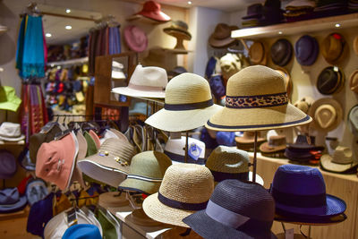 Close-up of hats for sale