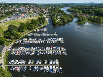 High angle view of city by sea