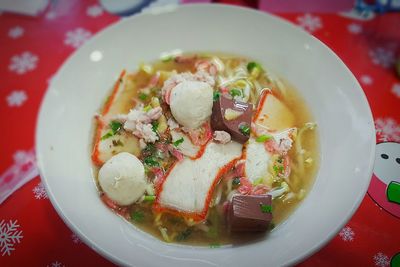 Close-up of soup served in plate