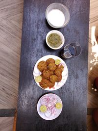 High angle view of dessert served on table