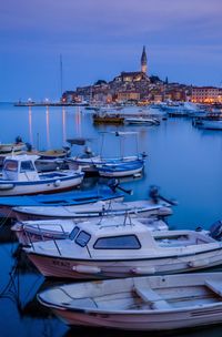 Sailboats moored at harbor