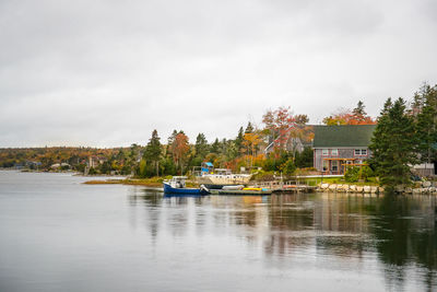 Boats in lake against sky