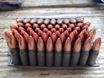 High angle view of bullets on table