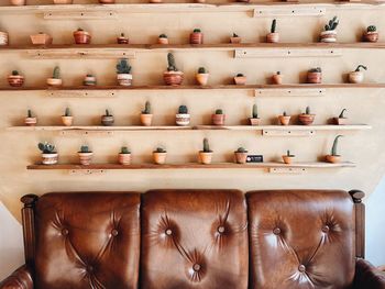 Close-up of seats in shelf