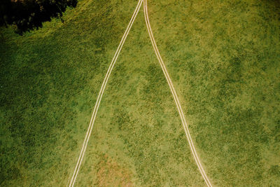 High angle view of railroad track amidst field