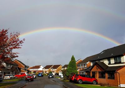 Rainbow over city buildings against sky