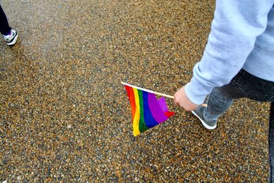 Low section of person with rainbow flag walking at beach