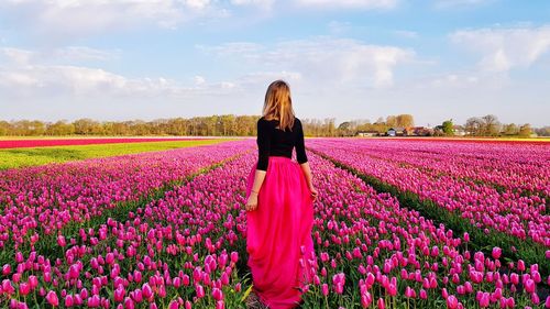 Rear view of woman standing by pink flowers on field