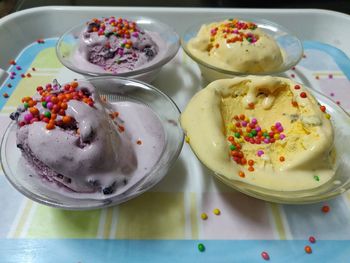 High angle view of dessert in plate on table