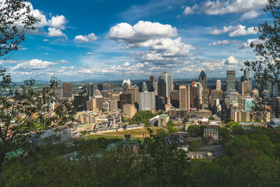 High angle view of buildings against sky