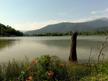 Scenic view of lake and mountains against sky