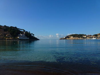 Scenic view of sea against clear blue sky porto soller, majorca