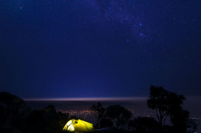 Illuminated tent against star field sky at night