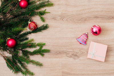 High angle view of christmas decorations on table