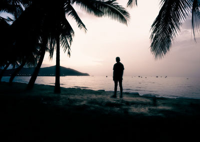 Rear view of silhouette man standing on beach