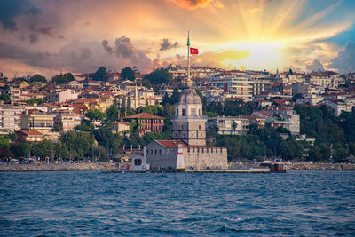 Buildings by sea against sky during sunset