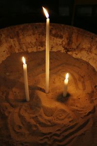 Close-up of lit candle in dark room