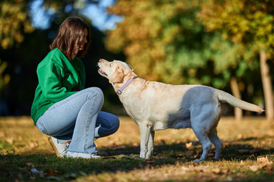 Young woman and her obedient big dog in autumn park