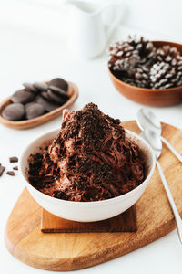 High angle view of chocolate cake in plate on table