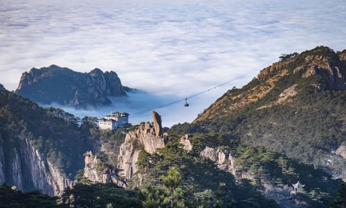 Scenic view of huangshan yellow mountain cliffs in china from the lift cable car, anhui province.