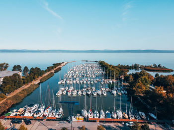 High angle view of boats moored in harbor