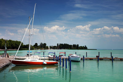 Sailboats moored in harbor against sky