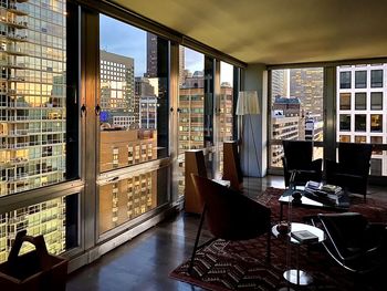 Buildings seen through glass window