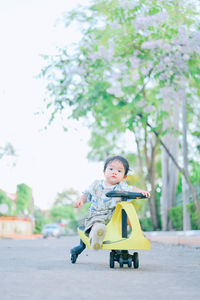 Portrait of cute boy against trees