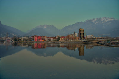 Reflection of buildings in lake against sky