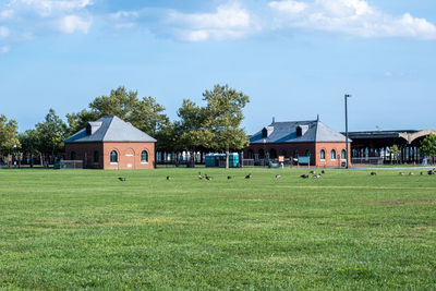 Houses on field by building against sky