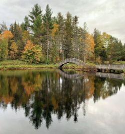 Trees by lake against sky during autumn