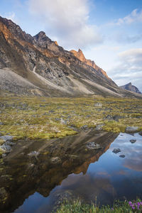 Reflection of alpenglow on mountains in akshayak pass, baffin island.